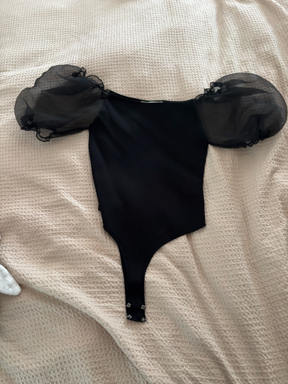 Astr Black One-Shoulder Bodysuit with Sheer Puff Sleeve